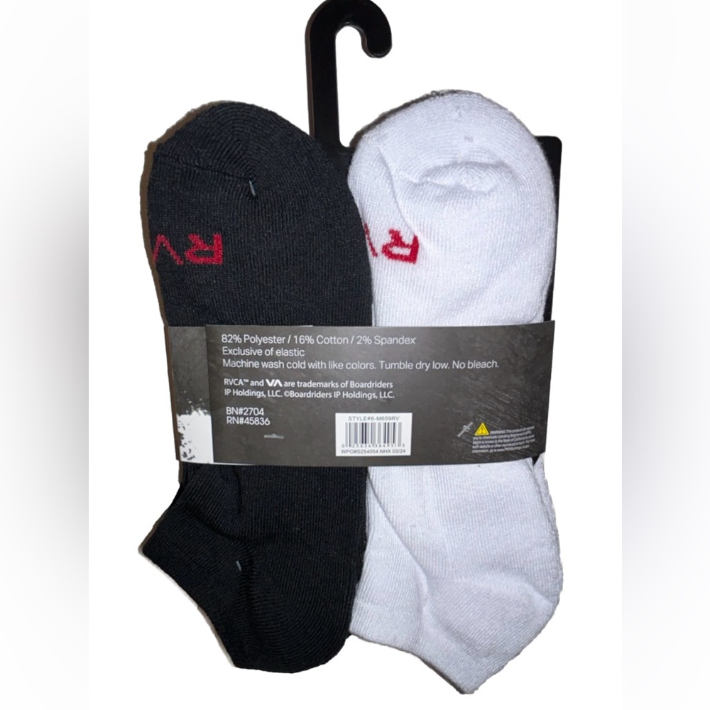 RVCA Low Cut Socks 6 Pair Men's 8-12.5 Black White w Red Toe Logo Cushion Skate - Picture 3 of 11